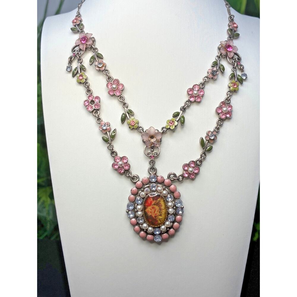 Avon 2008 Floral Statement Necklace Pink Enamel Rhinestone Double Strand